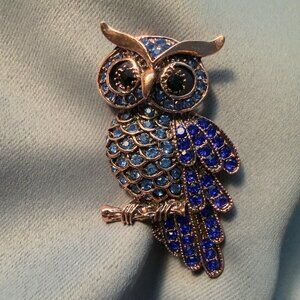 Owl Brooch Blue Rhinestone Bird Rose Gold Tone Pin 2.5”